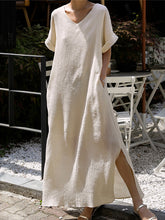 A-Line Loose Hollow Solid Color Split-Side Tied Waist V-Neck Midi Dresses